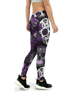 Be Happy, Be Bright, Be You in the Gearbunch Purple Sugar Skull Yoga Pants. A royal colorful combination of white, black and purples, super soft, stretchy and comfortable with a wide waistband for an extra comfortable fit and small internal pocket, they are the perfect pants for all kinds of workouts, yoga and everyday life.