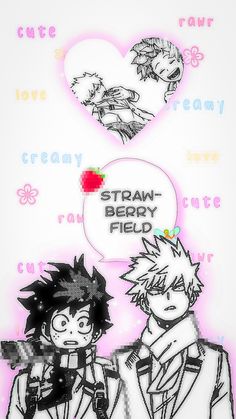 an image of two anime characters with speech bubbles over their heads and the words strange berry field above them