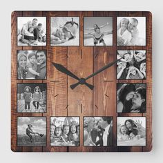 a square wooden clock with multiple photos on it's face and the words love