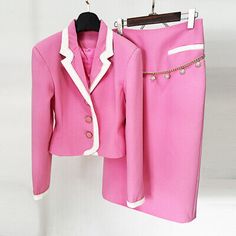 ad eBay - New Womens Fashion White Edge Color Contrast Suit Jacket Skirt Suits Two-piece - Buy Now, click the link (eBay) Chain Blazer, Skirt Set Two Piece, Retro Suits, Pink Chain, Midi Skirt Set, Skirt Two Piece, Calf Sleeve, Stylish Blazer, Middle Age Fashion