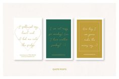 three greeting cards with gold foil lettering on green and white paper, one in the shape of a heart