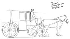 a drawing of a horse and carriage drawn by hand with the help of a pencil