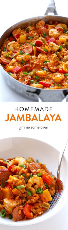 the cover of homemade jambalaya is shown in two different images, one with meat and vegetables