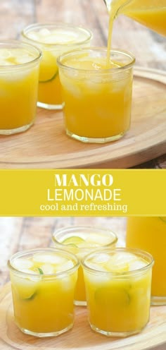 mango lemonade is being poured into small glasses