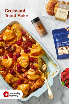 an advertisement for croissant toast bake with raspberries and almonds