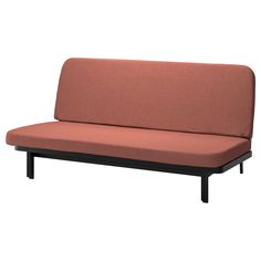 a red couch sitting on top of a wooden frame