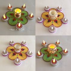 four different pictures of small candles in the shape of flowers