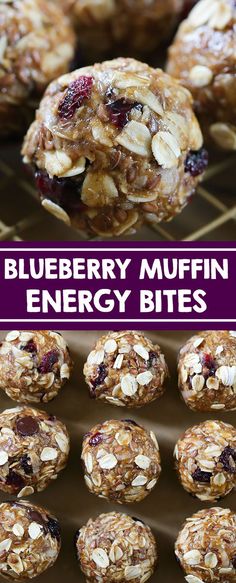 blueberry muffin energy bites on a cooling rack with text overlay that reads, blueberry muffin energy bites