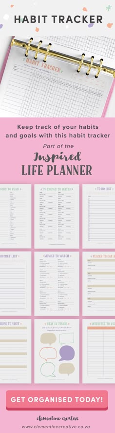 a planner with the words habit tracker on it and an image of a pink background