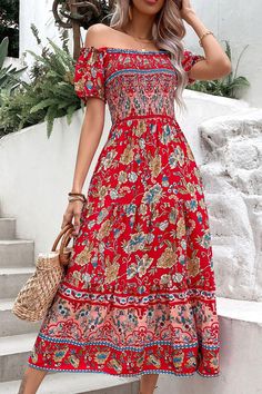 Hazel Blues® | Floral Off-Shoulder Smocked Midi Dress - Hazel Blues® Red Summer Dress With Smocked Bodice, Casual Red Smocked Dress For Vacation, Bohemian Smocked Dress With Elastic Neckline, Red Bohemian Dress With Smocked Back, Red Smocked Casual Beach Dress, Casual Red Smocked Beach Dress, Red Ruched Smocked Dress For Vacation, Red Smocked Dress With Smocked Back For Vacation, Red Casual Smocked Midi Dress