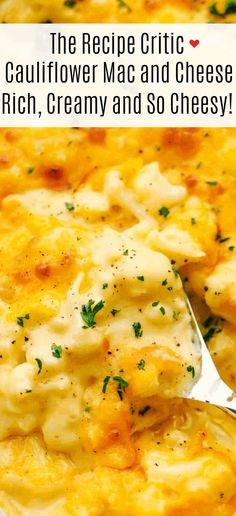 the recipe for cauliflower mac and cheese is shown with a spoon in it