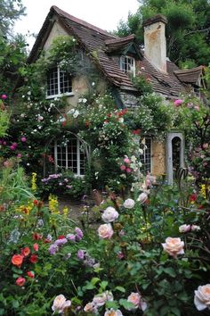 a house surrounded by lots of flowers and greenery