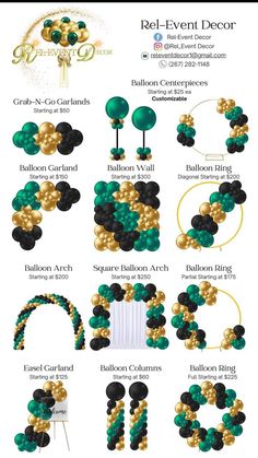 an image of balloons and decorations in green, gold and black colors with the words balloon decor