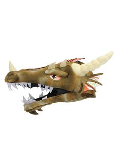 the head of a dragon with long horns and sharp teeth is shown against a white background