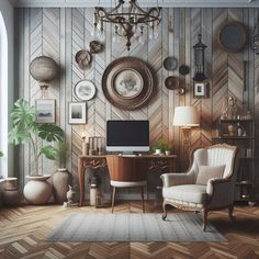 a living room with a desk, chair and pictures on the wall above it that is decorated in wood herringbones