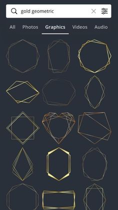 an iphone screen with gold lines and shapes on the bottom right corner, along with text that reads golden geometric all photos graphics videos audio