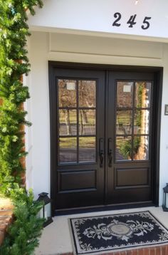 a black double door with two sidelights