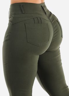 Olive Color Available in other colors. Butt lifting design. Belt loops. Solid. Skinny. Zip up 3 button closure . Classic 5 functional pocket design. Stretchy Material made from 65% Cotton, 30% Nylon, 5% Spandex Machine wash cold; Tumble dry low Rise approx 10''. Inseam is 31''. Leg opening is 8". High Waist. Imported Measured from and model wearing size Small SKU: 10229N_TD026OLV Jeans High Waist, Dress Appropriately, Olive Color, New Wardrobe, Pocket Design, High Jeans, Bottoms Pants, High Waist Jeans