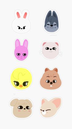 six stickers with different types of animals and faces on them, all in different colors