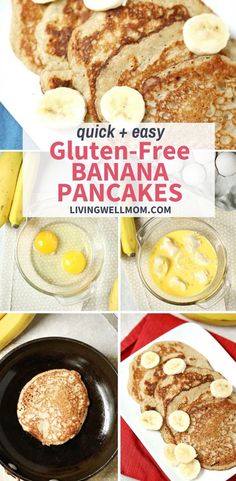 pancakes with bananas and eggs are shown in this collage