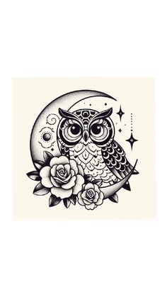 an owl sitting on the moon with roses