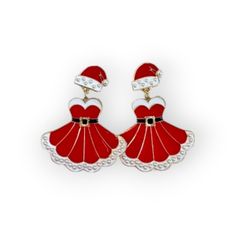 Wear your holiday cheer with these Mrs Claus Dress Earrings! These festive earrings feature a whimsical dress silhouette that will add a pop of glitter to any outfit! Perfect for dressy and casual occasions alike, these earrings will be sure to bring you some extra holiday cheer this season! Elegant Holiday Earrings For Festive Occasions, Elegant Festive Holiday Earrings, Elegant Holiday Festive Earrings, Holiday Winter Drop Earrings, Winter Holiday Drop Earrings, Elegant Winter Earrings For Party, White Jewelry For Holiday Party, White Holiday Party Jewelry, Red Festive Earrings For The Holiday Season