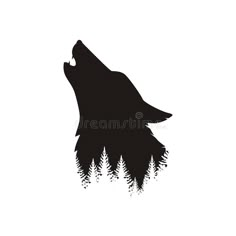 the silhouette of a howling wolf with trees in the background royalty illustration