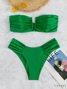 Lasaky - Elegant Emerald Bandeau Bikini Set, V Neck Strapless Tube Top with High Cut Bottoms - 2 Piece Swimsuit Ensemble for Women, Perfect for Stylish Swimwear & Fashion Green Strapless Swimwear For Beach Party, Green Strapless Stretch Swimwear, Green Strapless Party Swimwear, Green Bandeau Stretch Tankini, Green Bandeau Tankini With Stretch, Green Strapless Swimwear For Party, Green Stretch Bandeau Swimwear, Green Stretch Bandeau Tankini, Strapless Green Swimwear For Pool