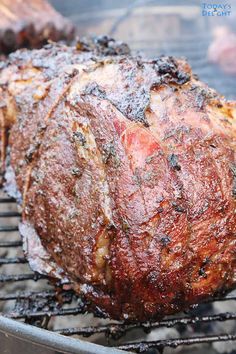 grilled prime rib roast on the grill with text overlay