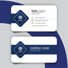 two business cards with blue and white shapes on the front, one is for an electronic device