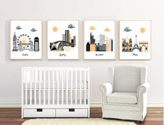 a baby's room with three pictures on the wall