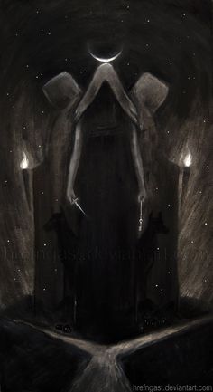 an artistic painting of two people standing in the middle of a dark room with three candles