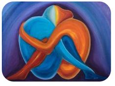 a painting of two people hugging each other in blue and orange colors, on a purple background