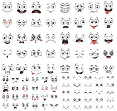 an assortment of cartoon faces with different expressions and facial expressions, all drawn in various ways