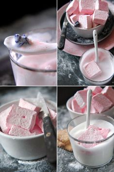 there are three pictures of marshmallows in a glass with ice and milk