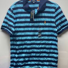 Brand New Never Worn With Tag Polo By Ralph Lauren Small Orange Pony Collar T Shirt Size: Assorted Sizes Color: Double Blue Stripes Excellent Giftable Item. 100% Authentic And New, So Buy With Confidence. Comes From Pets And Smoke Free Environment Thank You For Sharing And Your Visit Blue Collared T-shirt For Spring, Blue Fitted Collared T-shirt, Ralph Lauren Tshirt, Baby Polo, Polo Tee Shirts, Collar T Shirt, Polo Classic, Polo Ralph Lauren Shorts, Ralph Lauren Boys