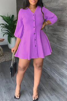 Temperament Solid Color V-neck Half Single Breasted A-Line Mini Dress Feminine Vibes, Bubu Gown Styles, Classy Short Dresses, 2piece Outfits, Chic Dress Classy, Simple Gowns, Dinner Dress Classy, Short Gowns, Classy Dress Outfits