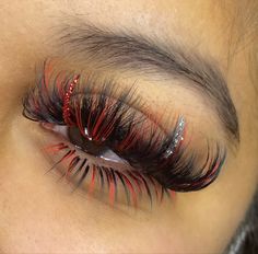 Red Lash Extensions, Eyelash Extensions With Color, Colored Lashes Extensions, Lash Extensions Color, Red Harley Quinn, Birthday Lashes, Christmas Lashes, Color Lash Extensions