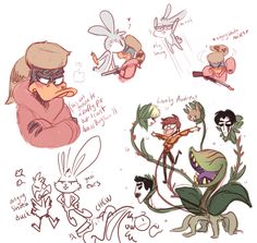 an image of some cartoon characters with bugs and other things in the background that appear to be handwritten