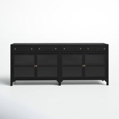 the sideboard is black and has three drawers on each side with brass knobs