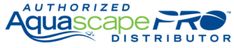 the aquascape logo is shown in blue and green letters that read, authorized aquascape by distributor