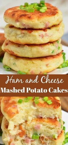 ham and cheese mashed potato cakes are stacked on top of each other