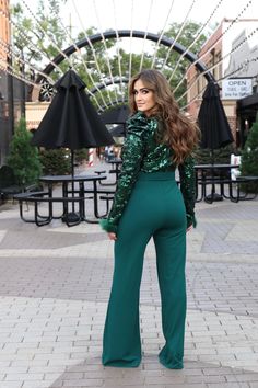 Women's Hunter Green Puff Long Sleeve Belted Romper Mary Sequin Jumpsuit With Belt Envelop yourself in timeless elegance with the Mary Sequin Jumpsuit With Belt from our collection. Handcrafted from luxe green sequin enhanced fabric, this sleek jumpsuit is cut in an ultra-flattering silhouette. Completed with a detachable waist belt, it's the perfect way to add instant drama to any look. Shop more from our dresses collection, here! Details Available in sizes S - L Color: hunter green Sequin top Gold Jumpsuit Outfit, Emerald Jumpsuit, Sleek Jumpsuit, Gold Jumpsuit, Jumpsuit With Belt, Easter Fashion, Belted Romper, Sequin Jumpsuit, Jumpsuit Outfit