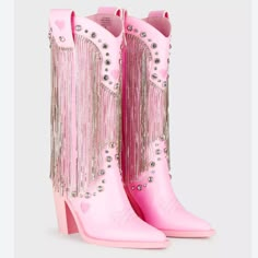 Fringe Cowboy Boots, Pink Cowboy Boots, Pink Cowgirl Boots, Dolls Kill Shoes, Boots Luxury, Rhinestone Fringe, Pink Cowgirl, Womens Chunky Heels, Chappell Roan