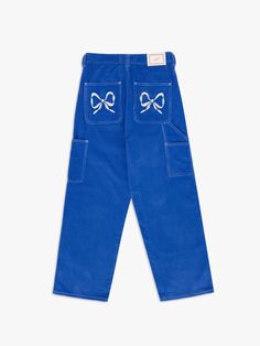 Dylan Pant - Cobalt/Bows – Lisa Says Gah Spring Blue Pants With Contrast Stitching, Blue Pants With Contrast Stitching For Spring, Blue Wide Leg Pants With Contrast Stitching, Blue Wide-leg Pants With Contrast Stitching, Blue Cotton Cargo Pants With Five Pockets, Blue Pants With Contrast Stitching, Corduroy Carpenter Pants, Bow Embroidery, Pockets Details