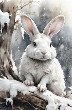 a painting of a white rabbit sitting on top of a tree branch in the snow