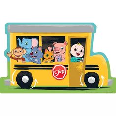 a yellow school bus with cartoon animals on it's side and a stop sign