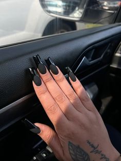 Matte Black Glossy Tip Nails, Black Triangle French Tip Nails, Full Black Nails, Black Nails And Toes, Two Tone French Tip Nails, Square Black Nails, Black Square Acrylic Nails, Almond Black Nails, Black Nails Coffin