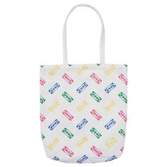 a white tote bag with multicolored pencils printed on the front and sides