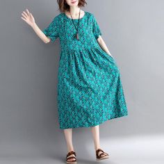 Elegant green print cotton linen maxi dress trendy plus size short sleeve long dresses New o neck clothing dressesThis dress is made of cotton or linen fabric, soft and breathy. Flattering cut. Makes you look slimmer and matches easlily. Materials used: cotton linenSize M/US12-14/EUR42 bust 100cm / 39"Shoulder 40cm / 15.6"length 116cm / 45.24"Size L/US16-18/EUR44 bust 104cm / 40.56"Shoulder 41cm / 15.99"length 117cm / 45.63"Size XL/US16-18/EUR44 bust 108cm / 42.12"Shoulder 42cm / 16.38"length 11 Cotton Maxi Dress Summer, Short Sleeve Lace Dress, Chiffon Summer Dress, Dress Trendy, Print Chiffon Dress, Long Cocktail Dress, Long Sleeve Cocktail Dress, New O, Floral Cocktail Dress